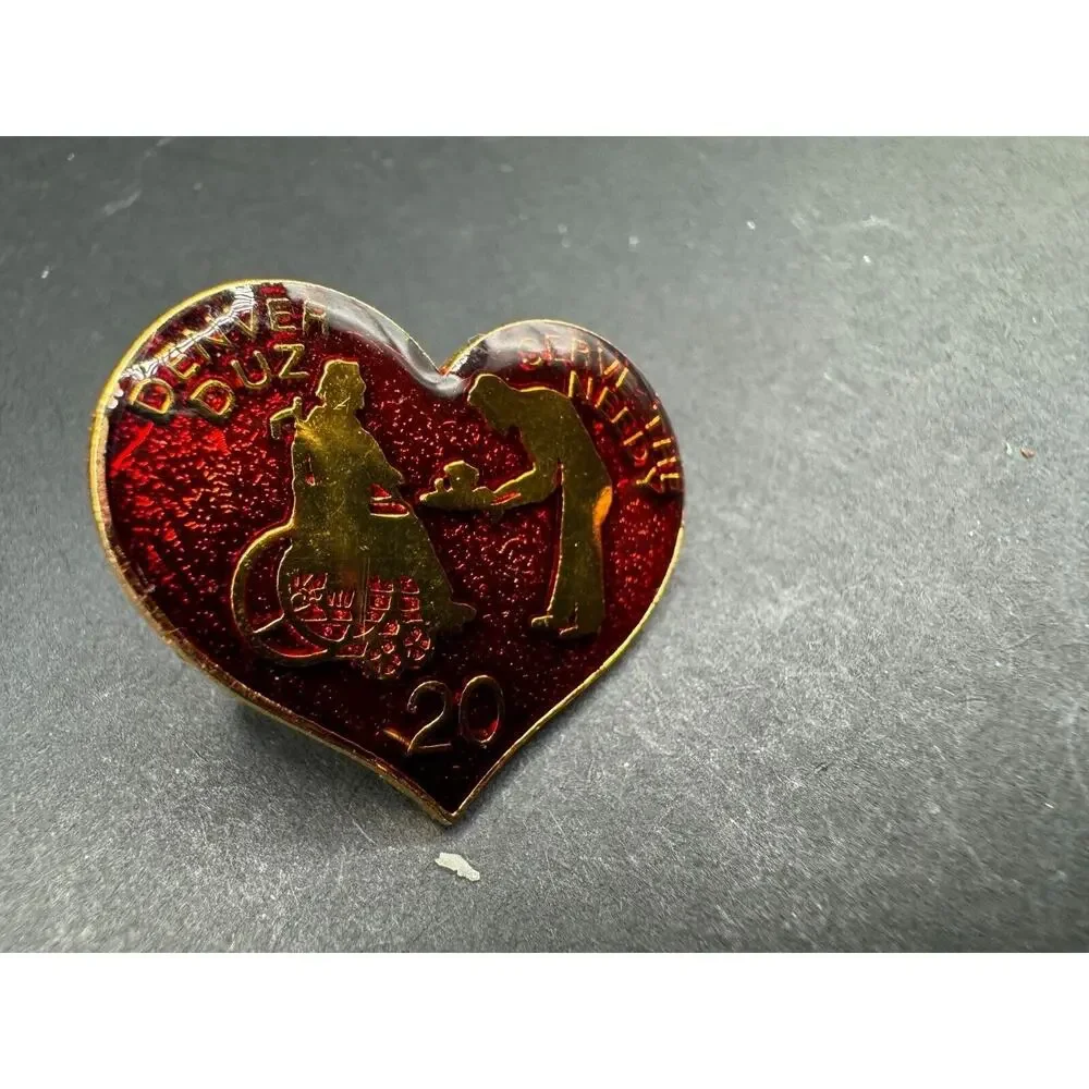 Denver Duz Serve The Needy Red Heart Gold Tone Enamel Lapel Pin Gold Tone